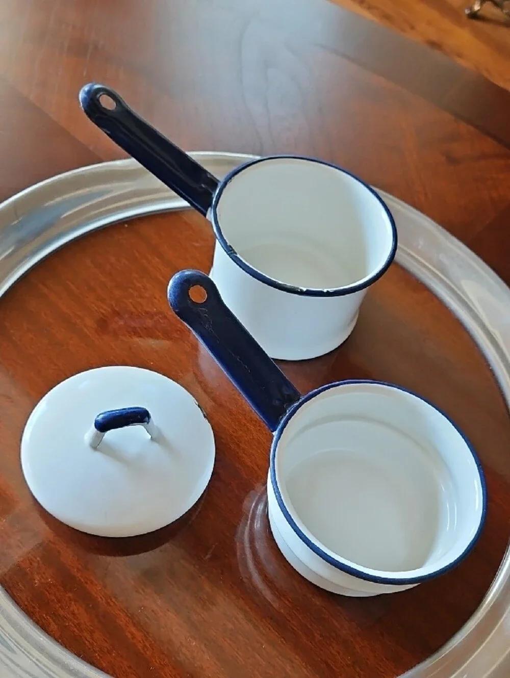 VTG 1940s White Enamelware 3-Piece Boiler Pot Cobalt Blue Trim